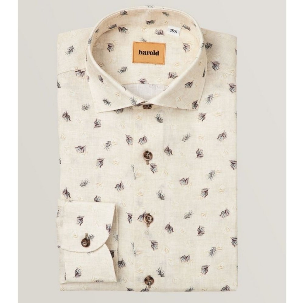 Harold Leaf Pattern Melange Linen Button-Up Dress Shirt Cream Navy Print Size 18